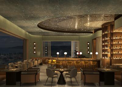 Modern lounge area with starry ceiling and bar