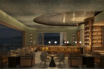 Modern lounge area with starry ceiling and bar