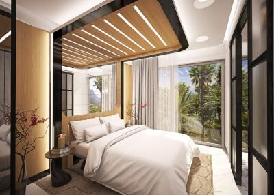 Modern bedroom with large windows and stylish decor