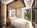 Modern bedroom with large windows and stylish decor