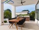 Outdoor dining area with table and chairs