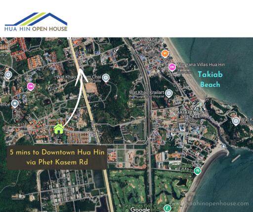 Map showing the location of the property and its proximity to downtown Hua Hin and Takiab Beach