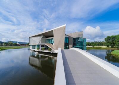 Modern building with unique architectural design over water