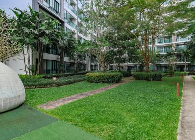 Modern apartment buildings with landscaped garden area