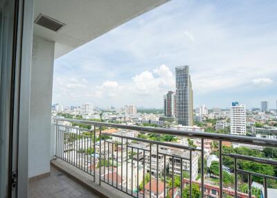 Balcony with a city skyline view