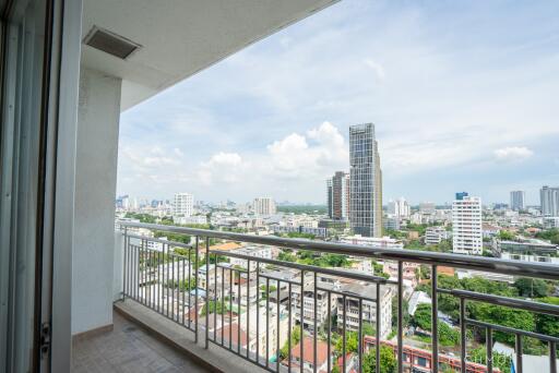 Balcony with a city skyline view