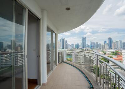 Large balcony with city skyline view