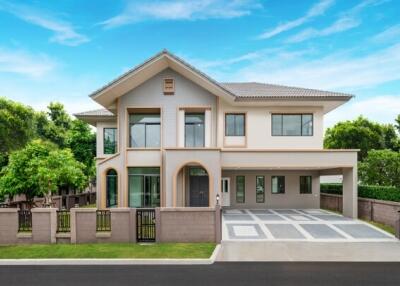 Front view of a modern two-story house with attached garage