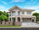 Front view of a modern two-story house with attached garage