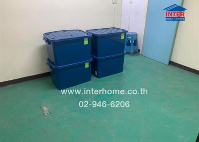 Storage room with plastic storage bins