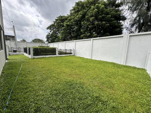 Spacious backyard with green lawn and surrounding white fence