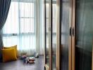 Bedroom with wooden wardrobes and a window