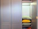 Closet with open door showing shelves and pillows