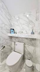 Modern bathroom with marble tile and toilet