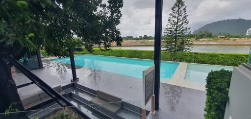 Modern outdoor swimming pool with greenery