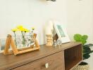 modern living room with wooden console and decor items