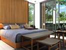 Modern bedroom with large windows and greenery outside