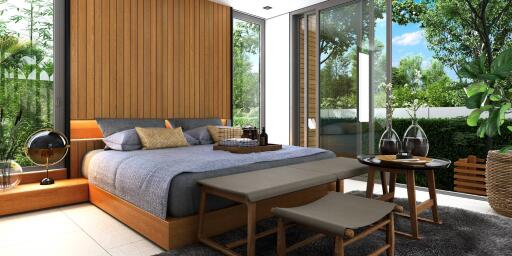 Modern bedroom with large windows and greenery outside