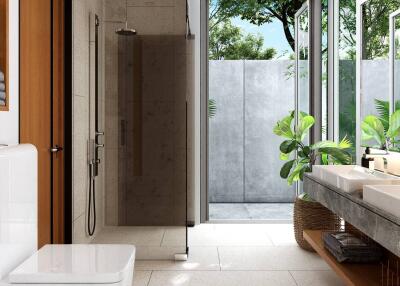 Modern bathroom with large window