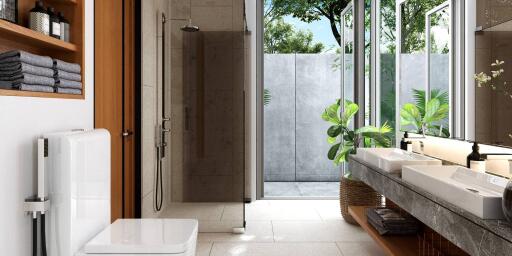 Modern bathroom with large window