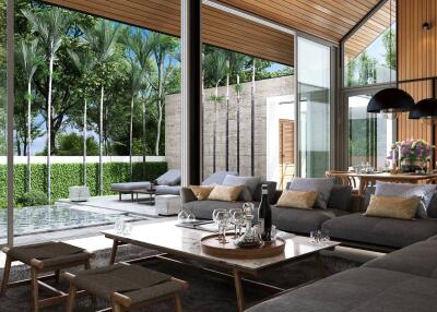 Spacious modern living room with large windows and outdoor view