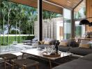 Spacious modern living room with large windows and outdoor view