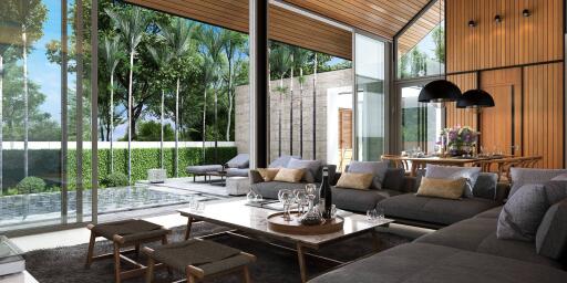 Spacious modern living room with large windows and outdoor view