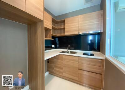 Modern kitchen with wooden cabinetry and built-in appliances