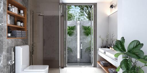 Modern bathroom with glass shower door and natural light