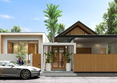 Modern house exterior with car and people