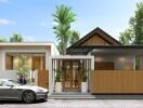 Modern house exterior with car and people