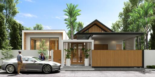 Modern house exterior with car and people