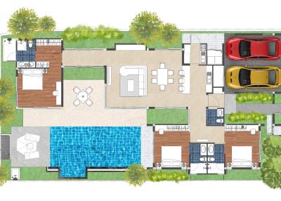 Floor plan of a modern house with garden, pool, and parking space