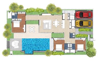 Floor plan of a modern house with garden, pool, and parking space