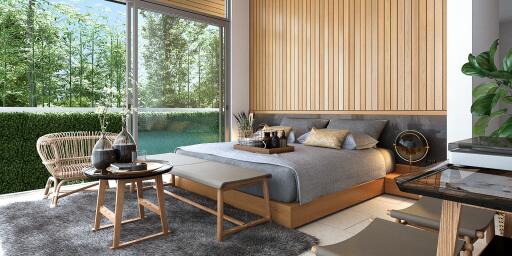 Spacious bedroom with modern decor and large windows