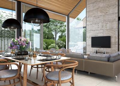 Modern living area with dining and seating arrangements, large windows, and garden view