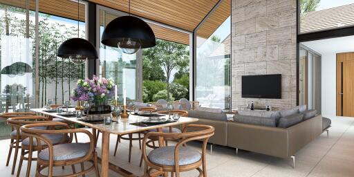 Modern living area with dining and seating arrangements, large windows, and garden view