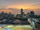 Cityscape view during sunset with tall buildings and ocean in the background