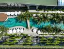 Aerial view of a lush, landscaped swimming pool area with palm trees, seating, and parasols