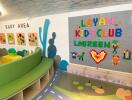 Colorful children's play area with seating and wall activities