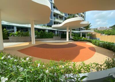 Outdoor recreational area in front of a modern building