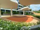 Outdoor recreational area in front of a modern building