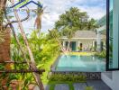 Beautiful outdoor pool area with green surroundings and modern architecture