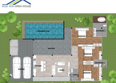 Type B2 floor plan with swimming pool, parking, kitchen, living area, 3 bedrooms, and 3 bathrooms