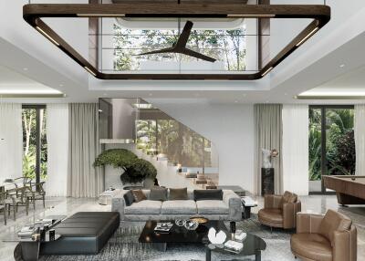 Spacious and modern living room with large windows and stylish furnishings