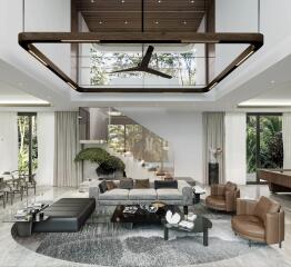 Spacious and modern living room with large windows and stylish furnishings