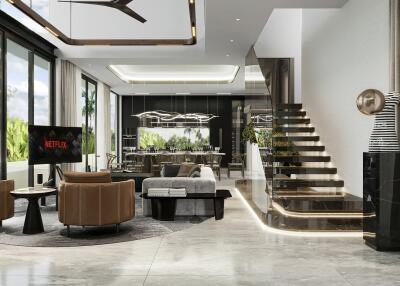 Modern and spacious living room with stylish furniture and staircase