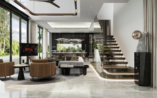 Modern and spacious living room with stylish furniture and staircase