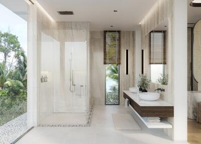 Modern bathroom with glass shower and dual sinks