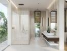 Modern bathroom with glass shower and dual sinks